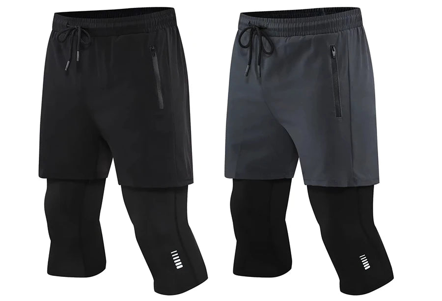 Men Tight Sport 2 In 1 Cropped Pants Elastic Quick-dry Compression Workout Training Exercise Running Sports Shorts