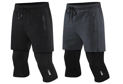 Men Tight Sport 2 In 1 Cropped Pants Elastic Quick-dry Compression Workout Training Exercise Running Sports Shorts