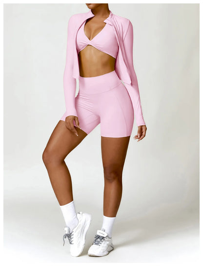 Women's Outdoor Running Fitness Wear Set Long sleeved Single Piece Top And Shorts - Fuzzy Sports