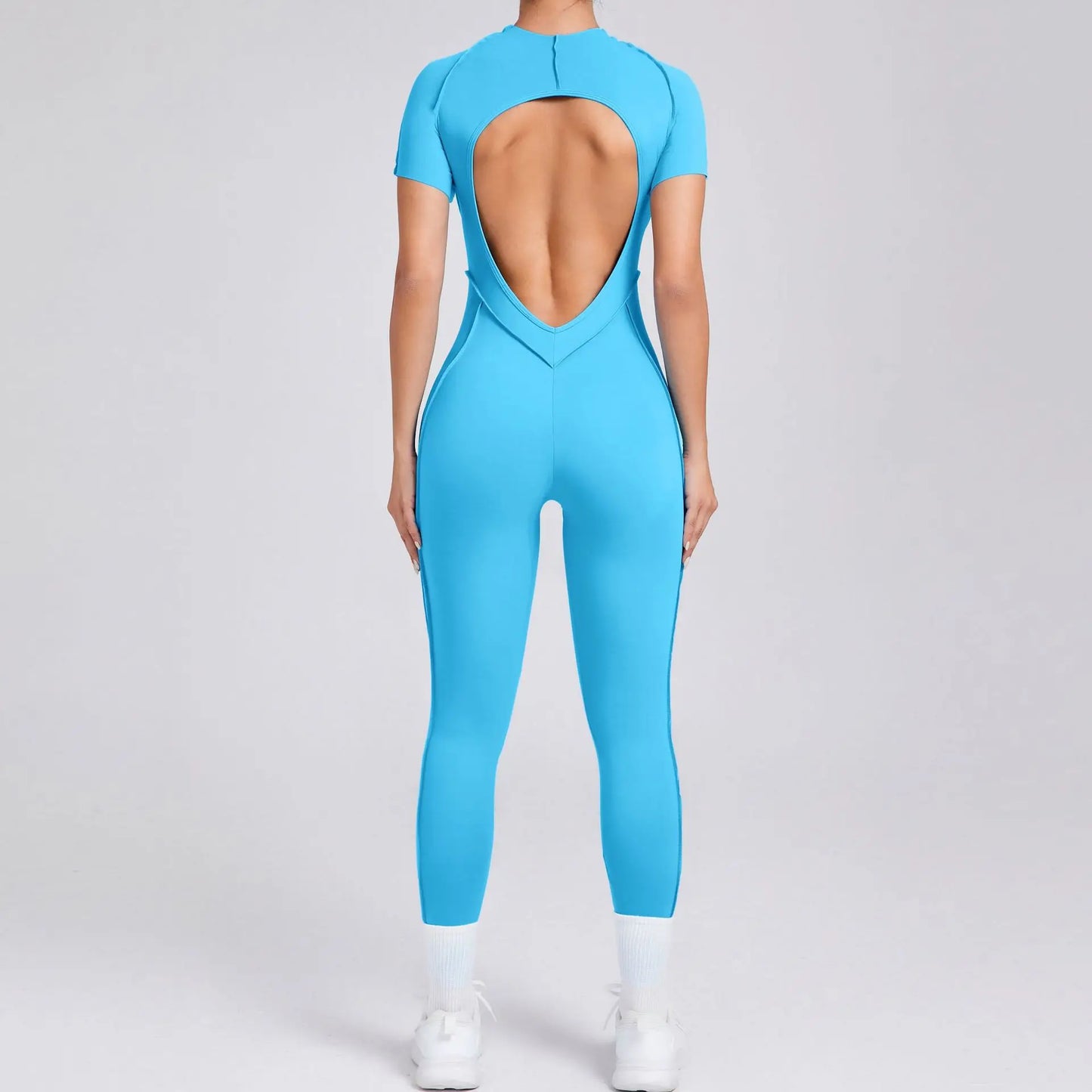New Women's One-piece chest pad Yoga Jumpsuit leggings Short sleeve Backless