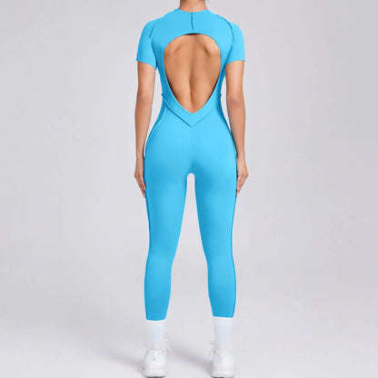 New Women's One-piece chest pad Yoga Jumpsuit leggings Short sleeve Backless