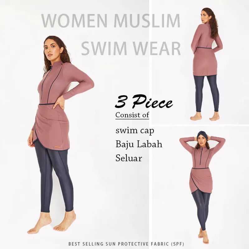 3PCS Muslim Swimwear Women Long Sleeve Swimsuit Muslimah Swimming Burkini Turban Pants maillots de bains musulmans maillot femme