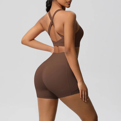 2PCS Sportswear With Pocketed Yoga Set Gym Clothes Yoga Suits For Women Tracksuits Sports Shorts Crossover Bra Gym Leggings