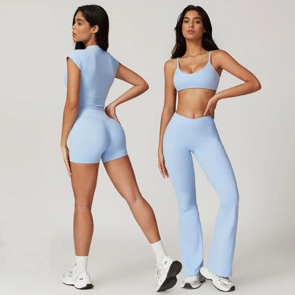 Women Sportswear Yoga Set 2PCS Sport Suit Gym Workout Clothes Short Sleeve Gym Crop Top High Waist Leggings Fitness Sports Wear - Fuzzy Sports