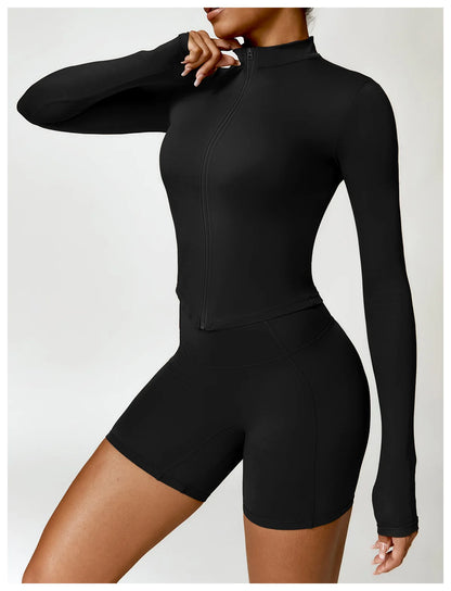 Women's Outdoor Running Fitness Wear Set Long sleeved Single Piece Top And Shorts - Fuzzy Sports