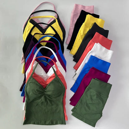 2 Pieces Impact Sports Set Women Backless Tank Yoga Tops High Waist Scrunch Seamless Shorts Sport Gym Set Sportswear Workout Set