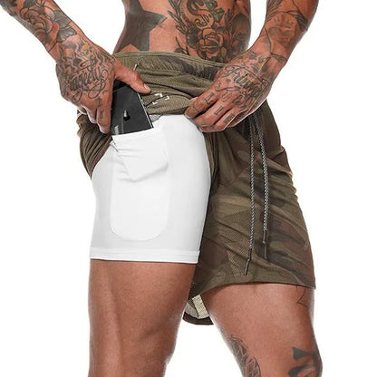 Mens Sportswear Shorts Double-Layer Running Shorts 2 In 1 Bottoms