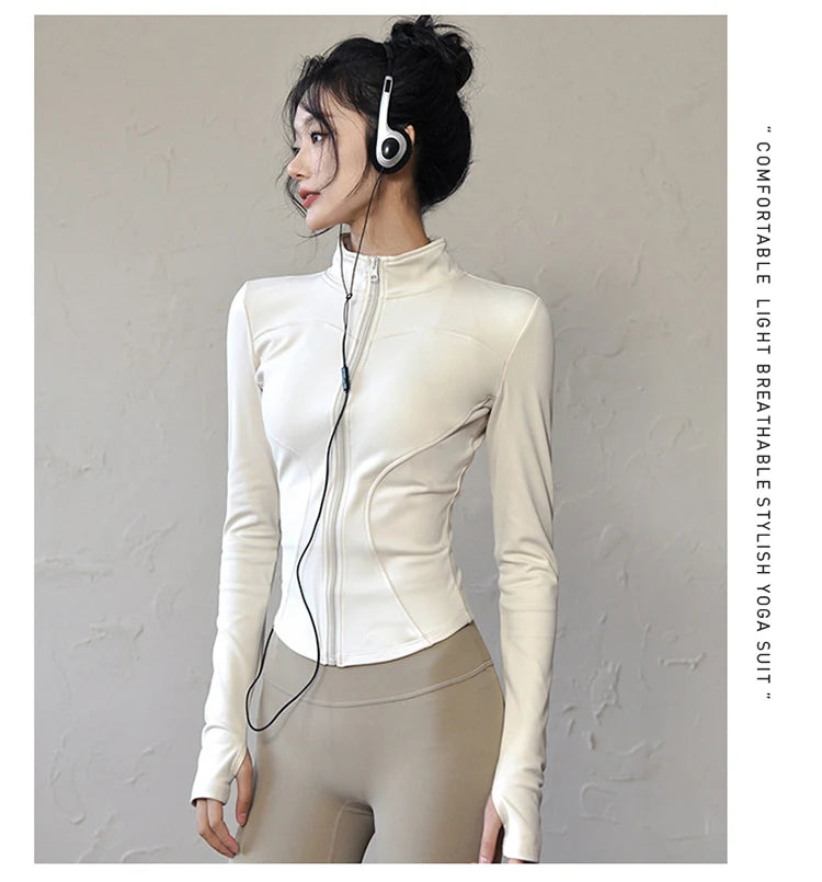 Womens Long Sleeve Sports Jacket Zipped Fitness Yoga Shirt - Fuzzy Sports
