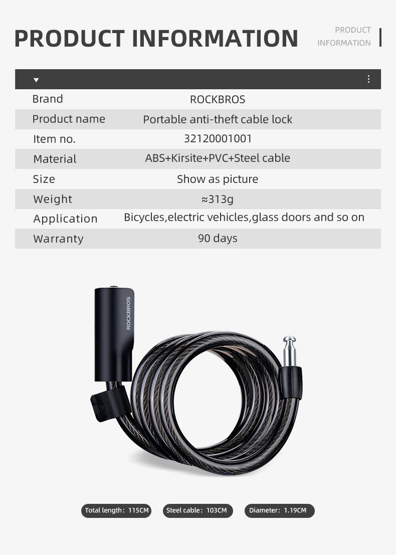 ROCKBROS Bicycle Lock Portable Anti-theft Bike Cable Lock with Keys Zinc Alloy