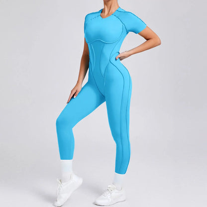 New Women's One-piece chest pad Yoga Jumpsuit leggings Short sleeve Backless