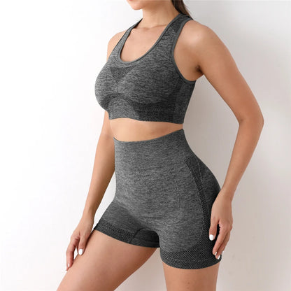 2PCS Seamless Women Yoga Set Workout Sportswear Gym Clothing Fitness Long Sleeve Crop Top High Waist Shorts Sports Suit - Fuzzy Sports