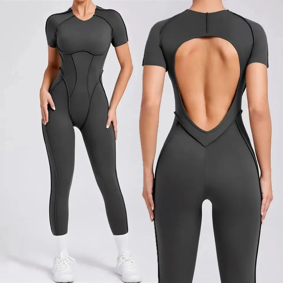 New Women's One-piece chest pad Yoga Jumpsuit leggings Short sleeve Backless
