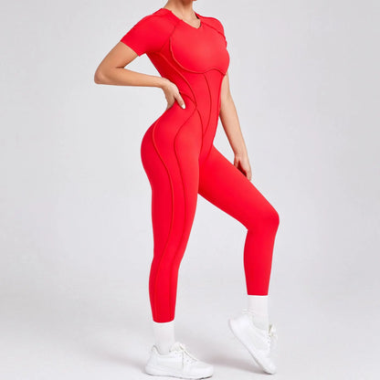 New Women's One-piece chest pad Yoga Jumpsuit leggings Short sleeve Backless