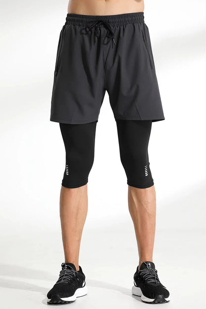 Men Tight Sport 2 In 1 Cropped Pants Elastic Quick-dry Compression Workout Training Exercise Running Sports Shorts