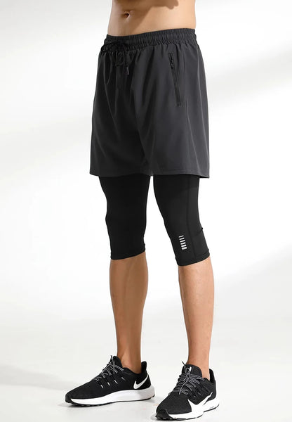 Men Tight Sport 2 In 1 Cropped Pants Elastic Quick-dry Compression Workout Training Exercise Running Sports Shorts