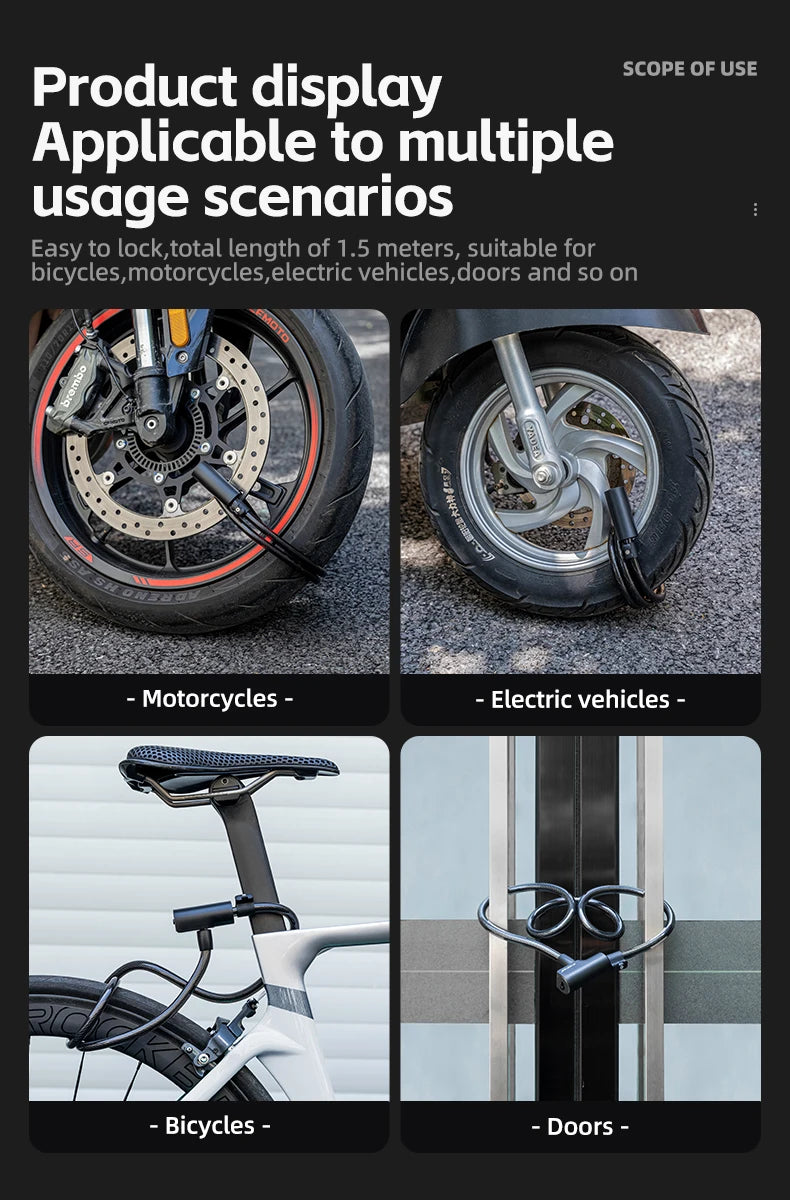 ROCKBROS Bicycle Lock Portable Anti-theft Bike Cable Lock with Keys Zinc Alloy