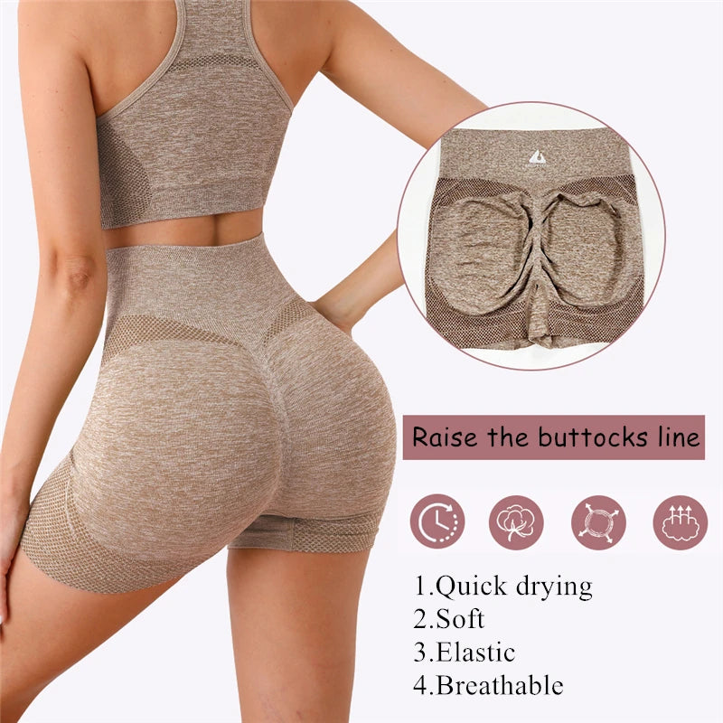 2PCS Seamless Women Yoga Set Workout Sportswear Gym Clothing Fitness Long Sleeve Crop Top High Waist Shorts Sports Suit - Fuzzy Sports