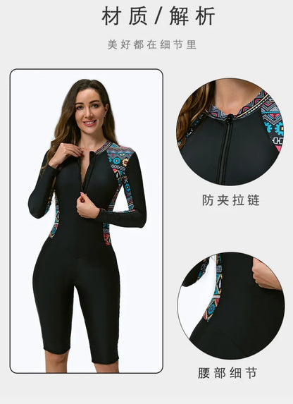 Women One-piece Short Leg Swimsuit Long Sleeved