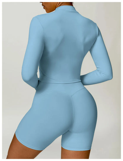 Women's Outdoor Running Fitness Wear Set Long sleeved Single Piece Top And Shorts - Fuzzy Sports