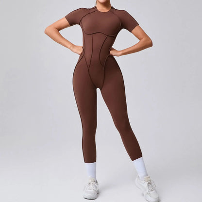 New Women's One-piece chest pad Yoga Jumpsuit leggings Short sleeve Backless
