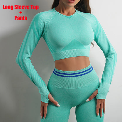 Seamless Yoga Pants Sports Gym Fitness Leggings Or Long Sleeve Tops Outfits Butt Lifting Slim Workout Sportswear Clothing - Fuzzy Sports